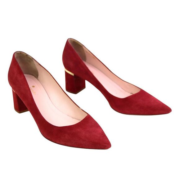 kate spade BURGUNDY REAL LEATHER SUEDE MID HEEL POINTED CLASSIC PUMP SHOES Sz 8M - Picture 1 of 11